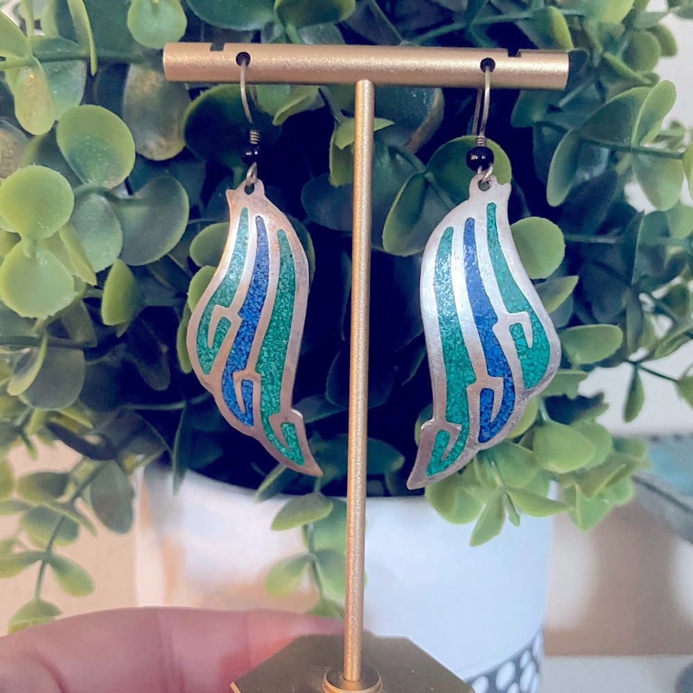 Mexican Alpaca Blue and Green Vintage wing swirl Earrings with Inlaid Stone Chip